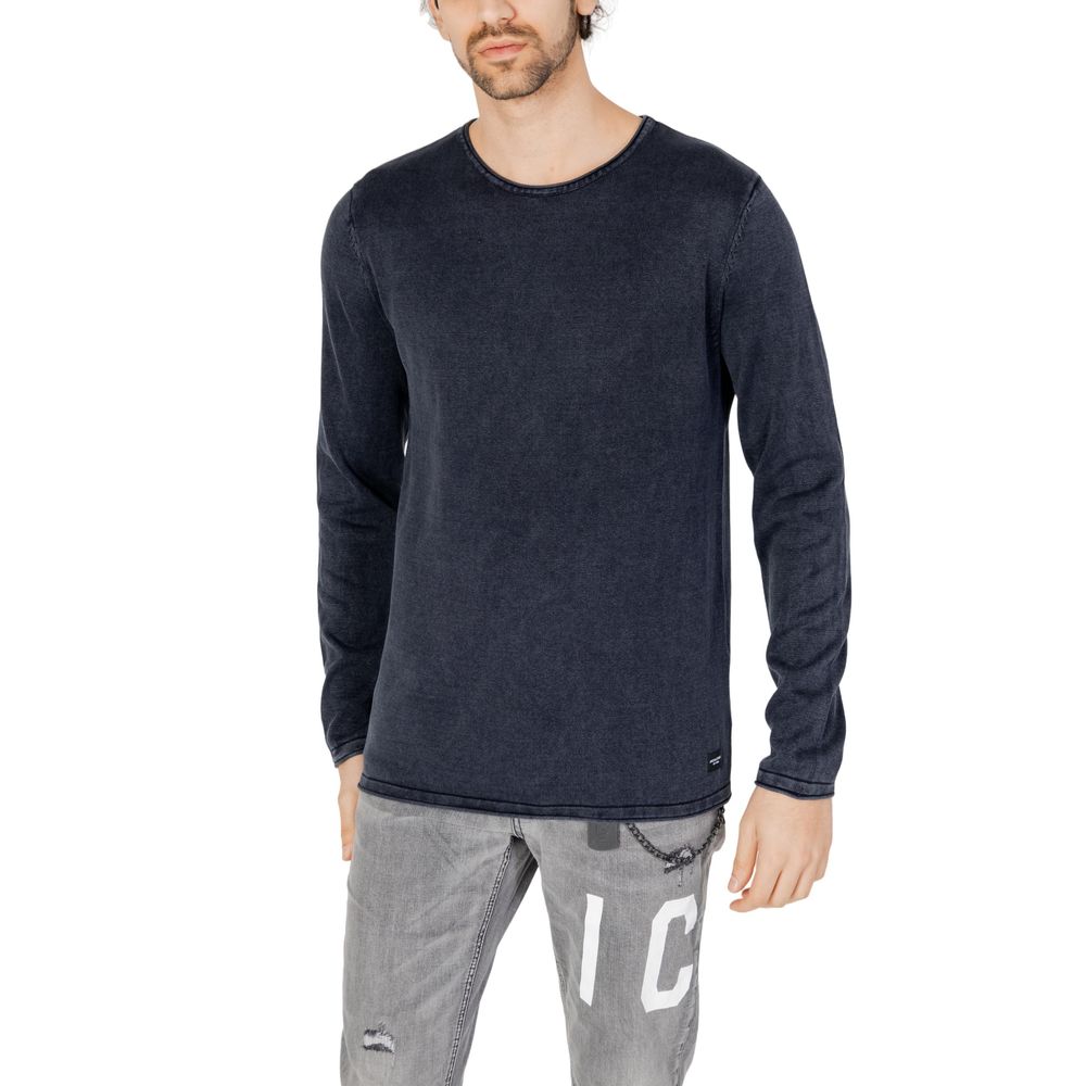Blue cotton sweatshirt by Jack Jones, casual fit with ribbed cuffs and neckline, displayed on a hanger.