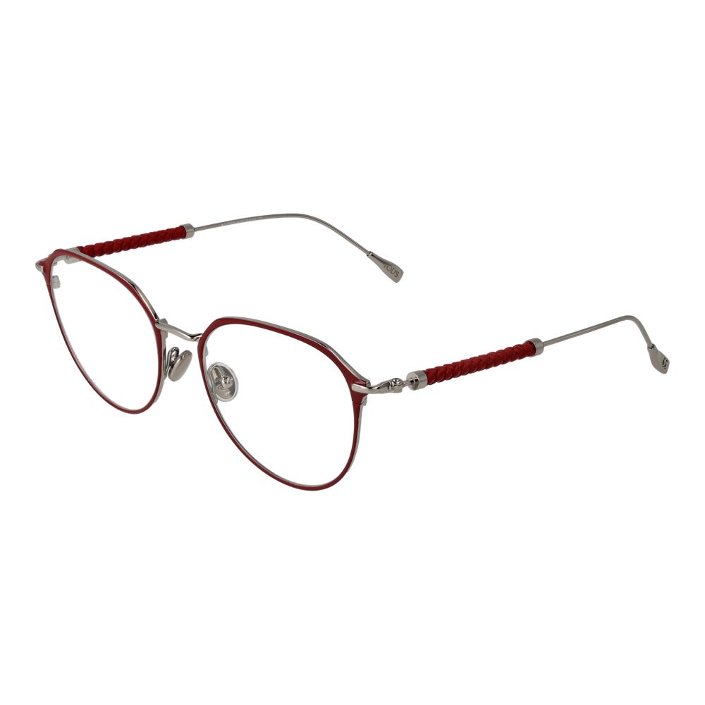 Red metal frames for glasses by Tod's, sleek and modern design, with clear lenses and minimalist style.