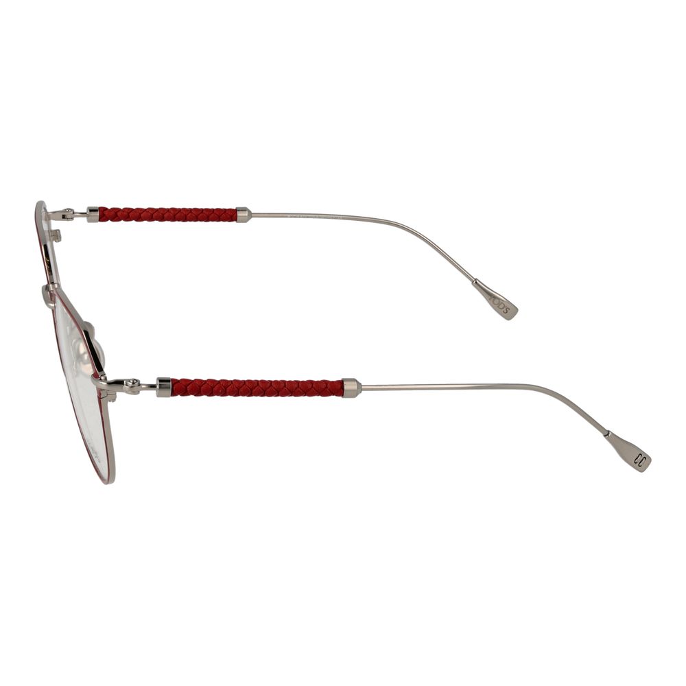Red metallic Tod's glasses frames with sleek design, featuring clear lenses and modern style.