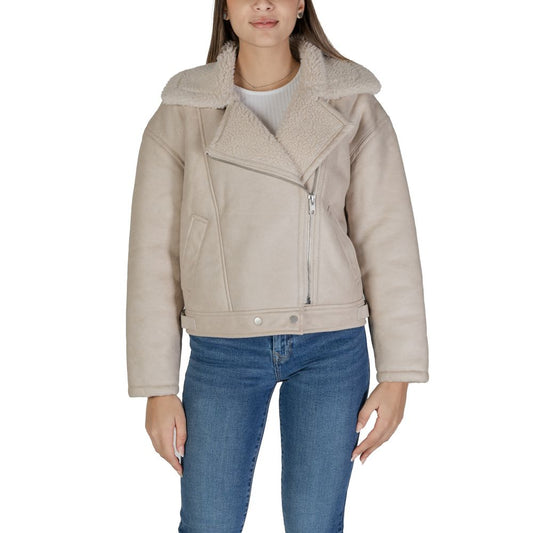 Vila Clothes Beige Artificial Leather Jackets & Coat Vila Clothes