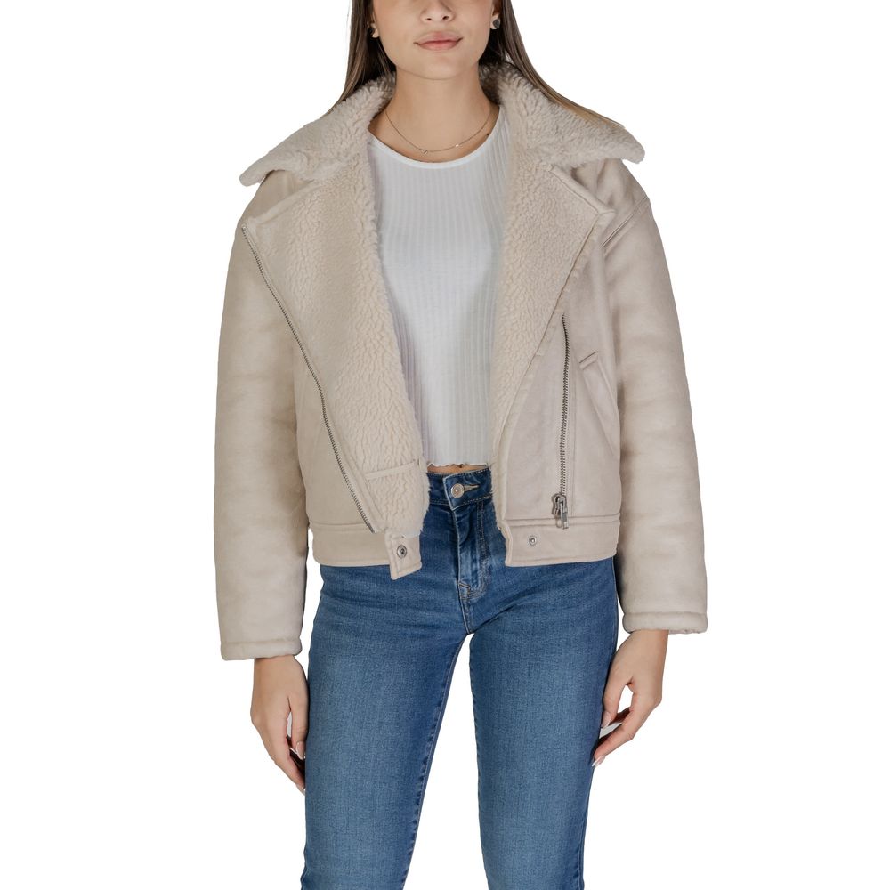 Vila Clothes Beige Artificial Leather Jackets & Coat Vila Clothes