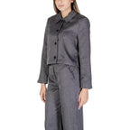 Gray polyester blazer by Jacqueline De Yong, tailored fit with lapel collar and button closure, shown on a hanger.