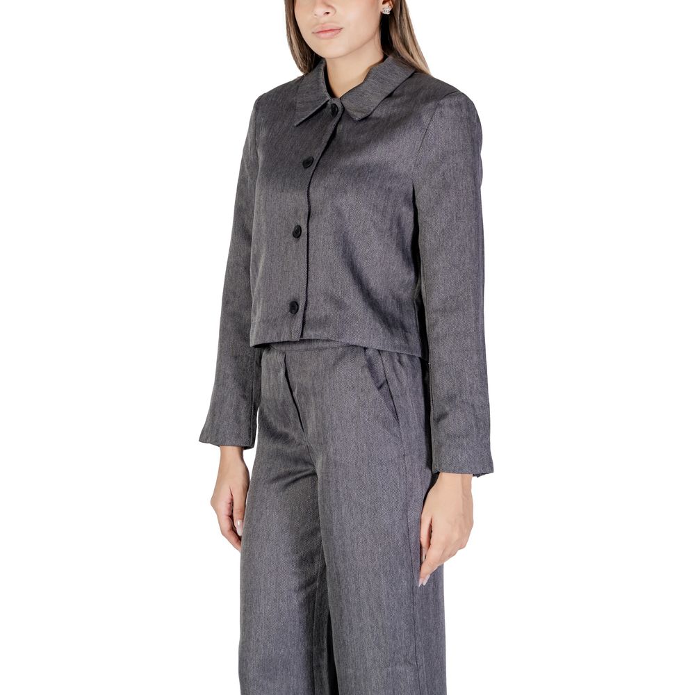 Gray polyester blazer by Jacqueline De Yong, tailored fit with lapel collar and button closure, shown on a hanger.