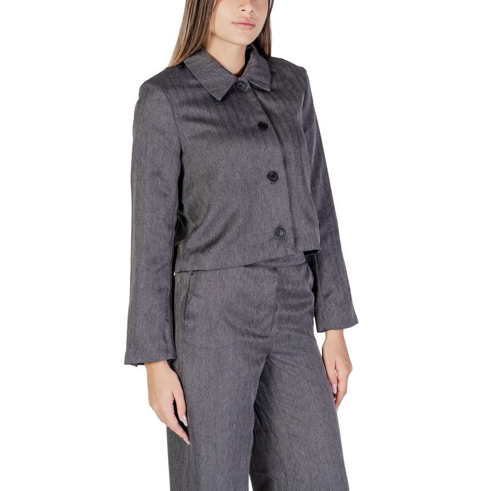 Gray polyester blazer by Jacqueline De Yong, tailored fit with lapel collar and button closure, shown on a model.