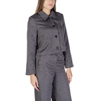 Gray polyester blazer by Jacqueline De Yong, tailored fit with lapel collar and button closure, shown on a model.