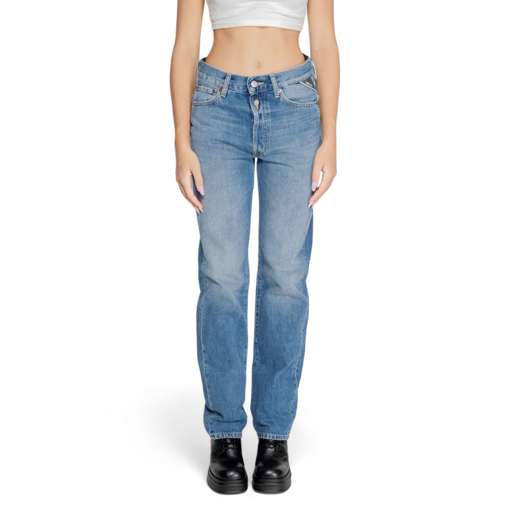 Replay blue cotton mom jeans with a high-waisted fit, classic five-pocket design, and relaxed straight-leg style.