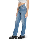 Replay blue cotton mom jeans with classic high-waisted fit and five-pocket styling, shown in a casual denim look.