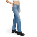 Replay blue cotton mom jeans showing high-waisted fit and classic five-pocket design on a white background.