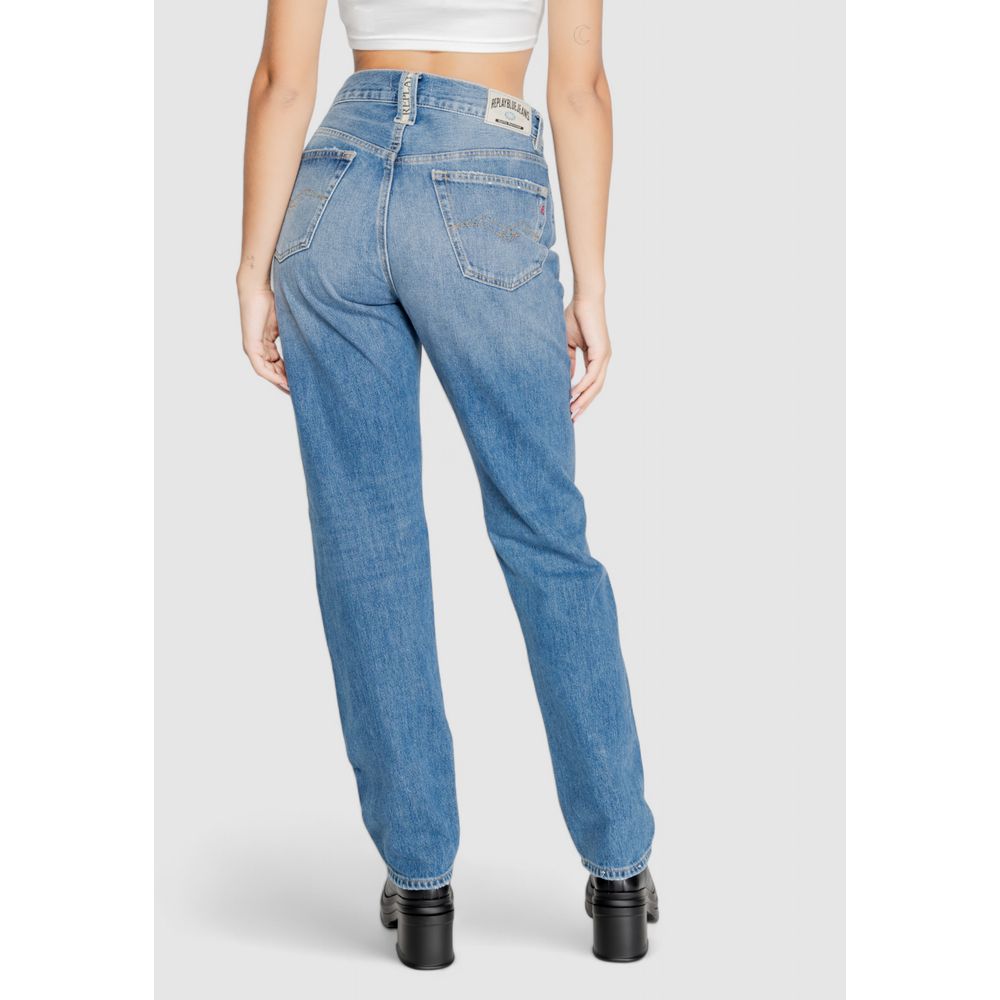 Replay blue cotton mom jeans shown with a high-waisted fit, classic five-pocket design, and relaxed denim style.