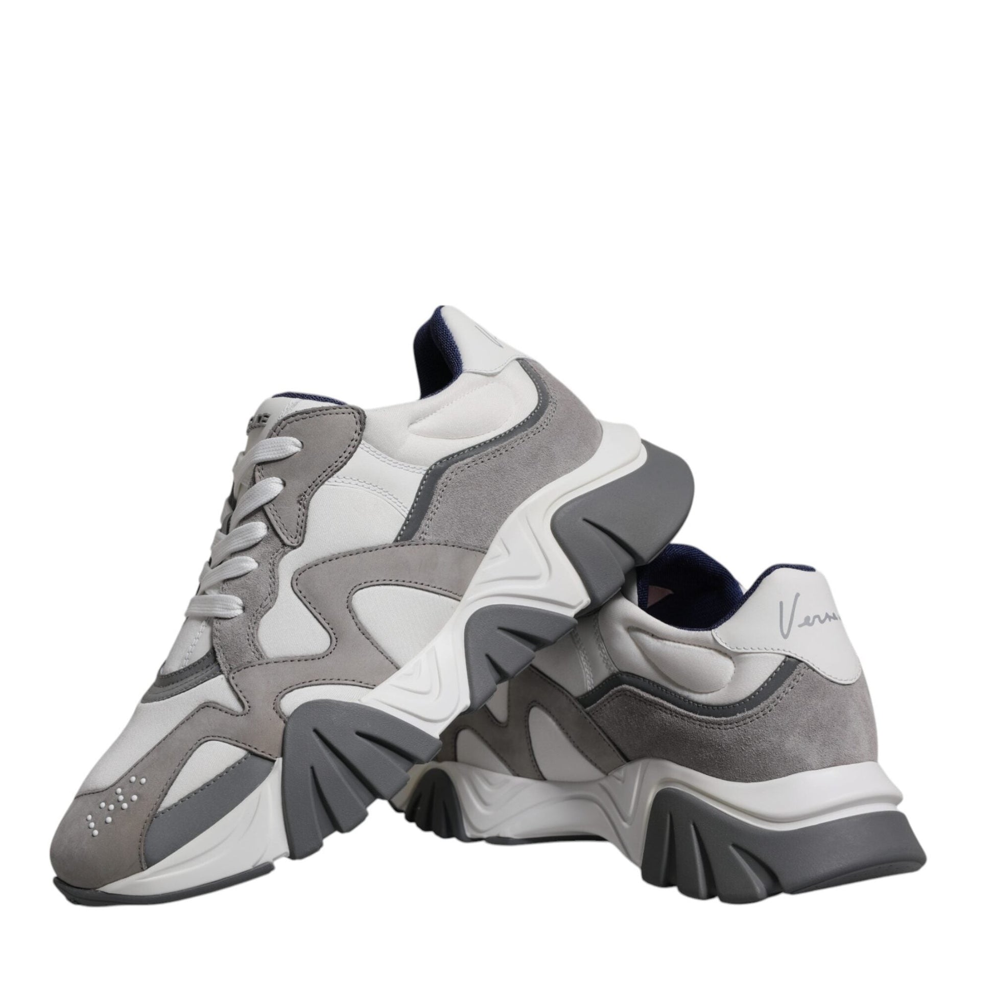 Versace Grey Leather Neoprene Chunky Low Top Squalo Sneakers Shoes Versace