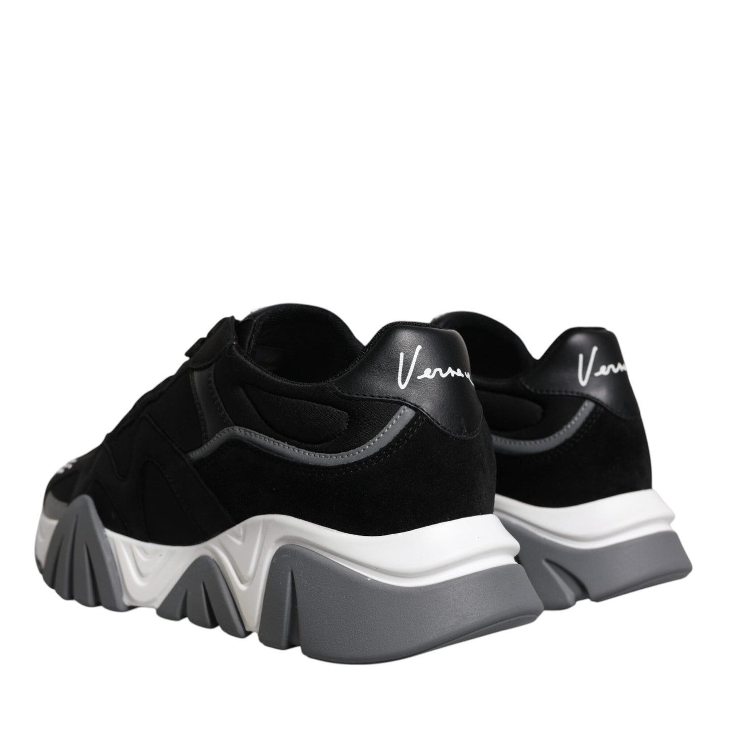 Versace Black Leather Neoprene Chunky Low Top Sneakers Squalo Shoes