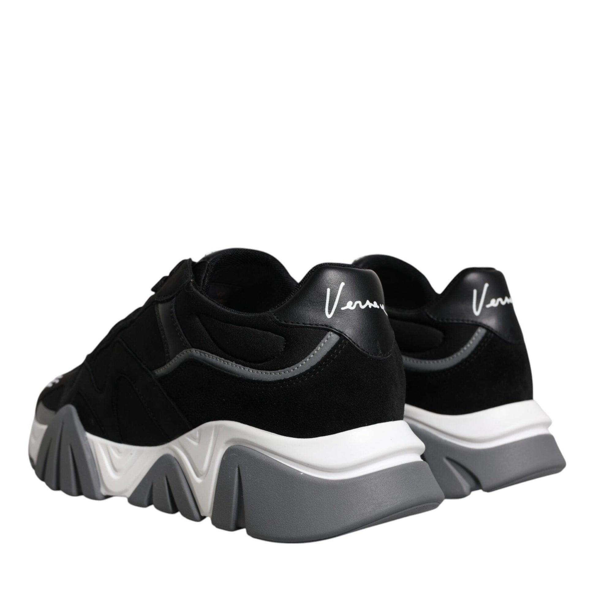 Versace Black Leather Neoprene Chunky Low Top Sneakers Squalo Shoes