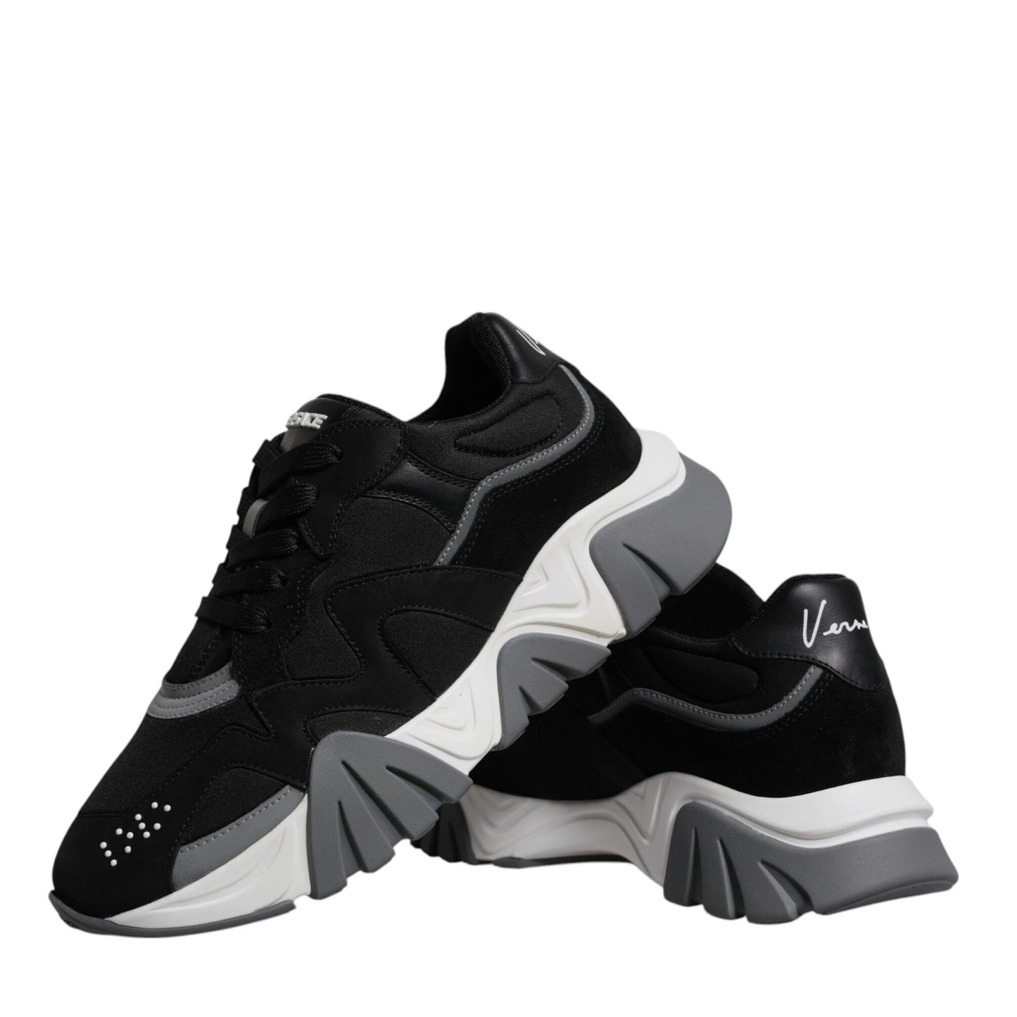 Versace Black Leather Neoprene Chunky Low Top Sneakers Squalo Shoes