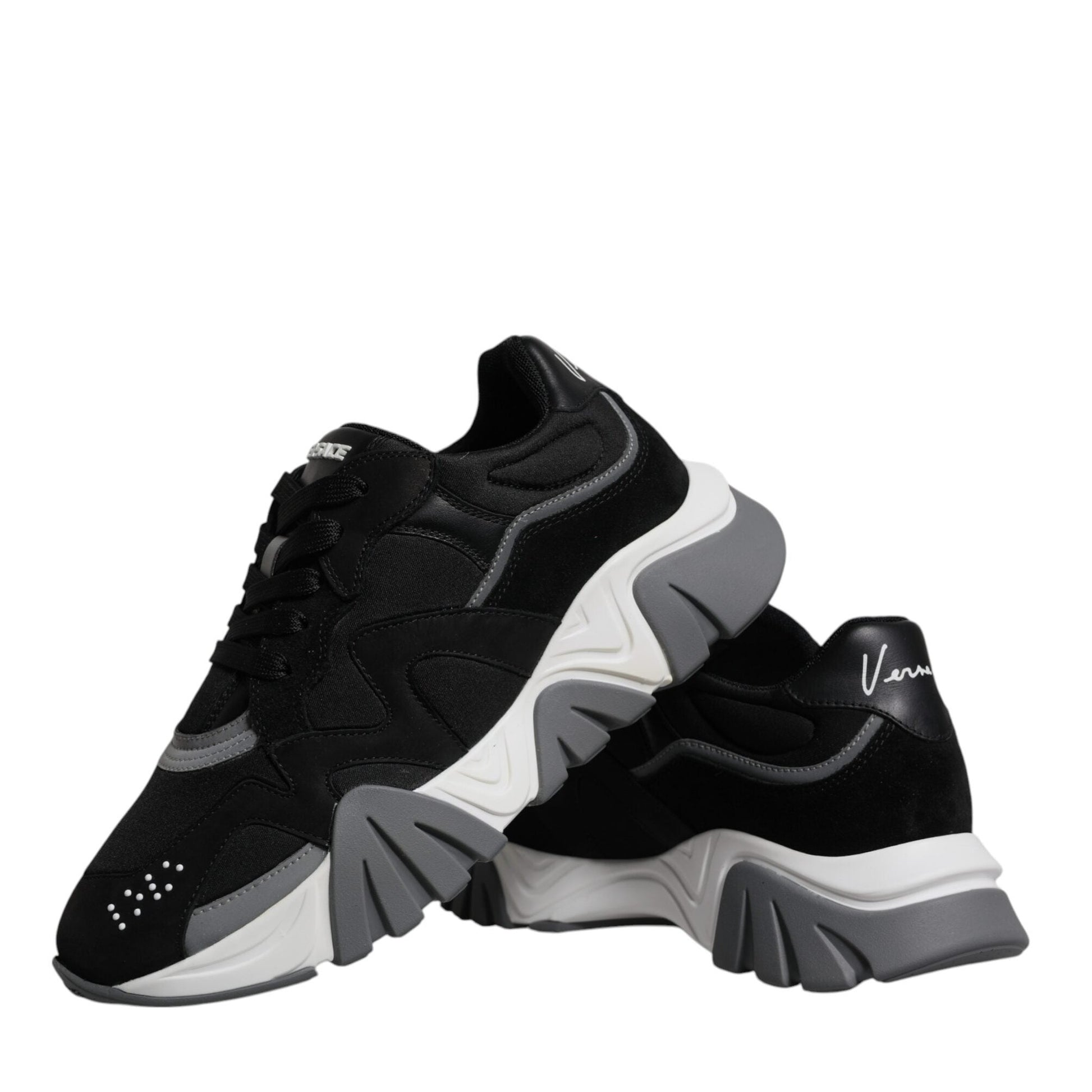 Versace Black Leather Neoprene Chunky Low Top Sneakers Squalo Shoes
