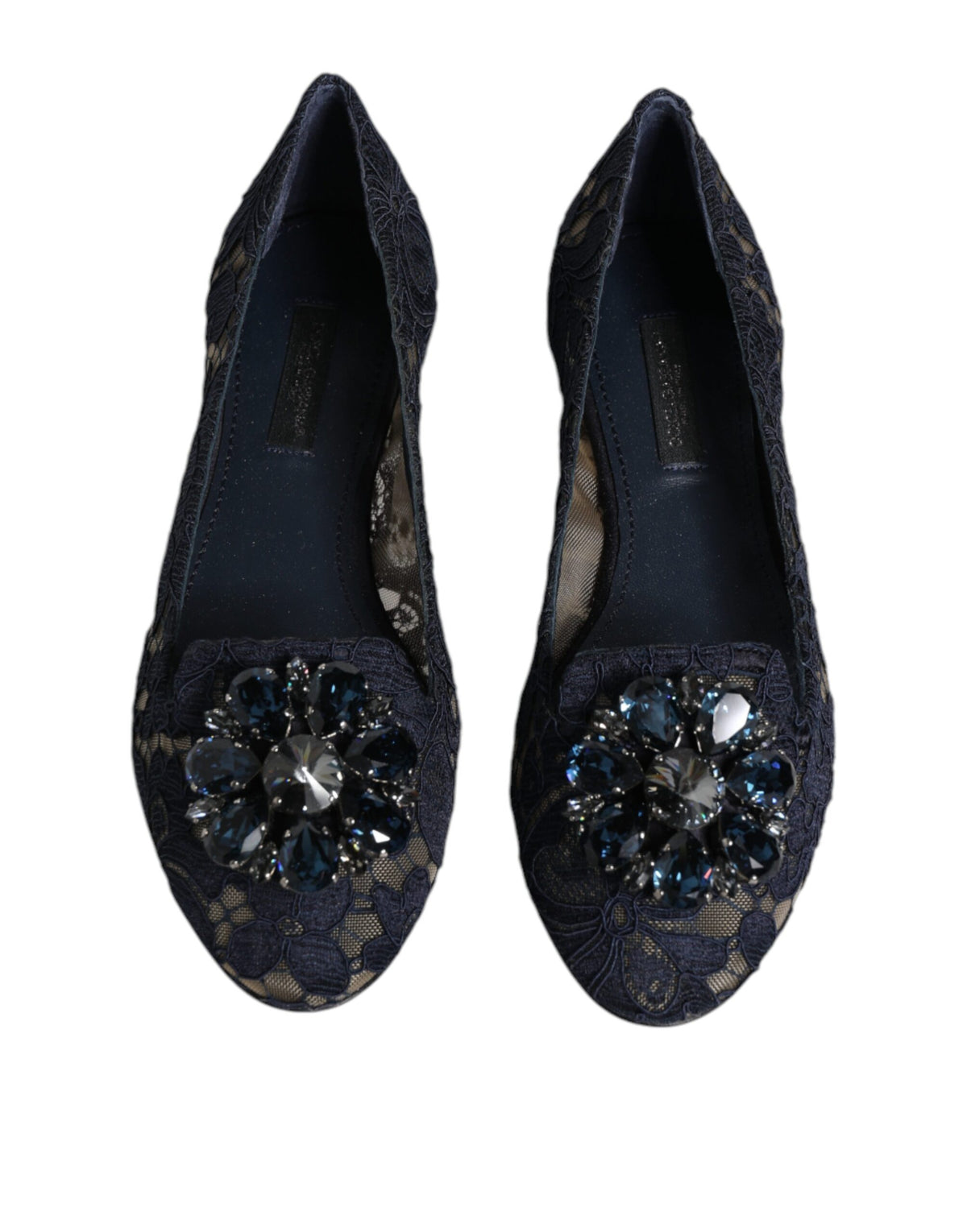 Dolce & Gabbana Blue Taormina Lace Crystals Flats Shoes - Eljoys Fashion 
