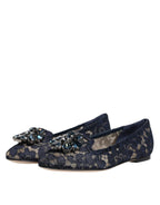 Dolce & Gabbana Blue Taormina Lace Crystals Flats Shoes - Eljoys Fashion 