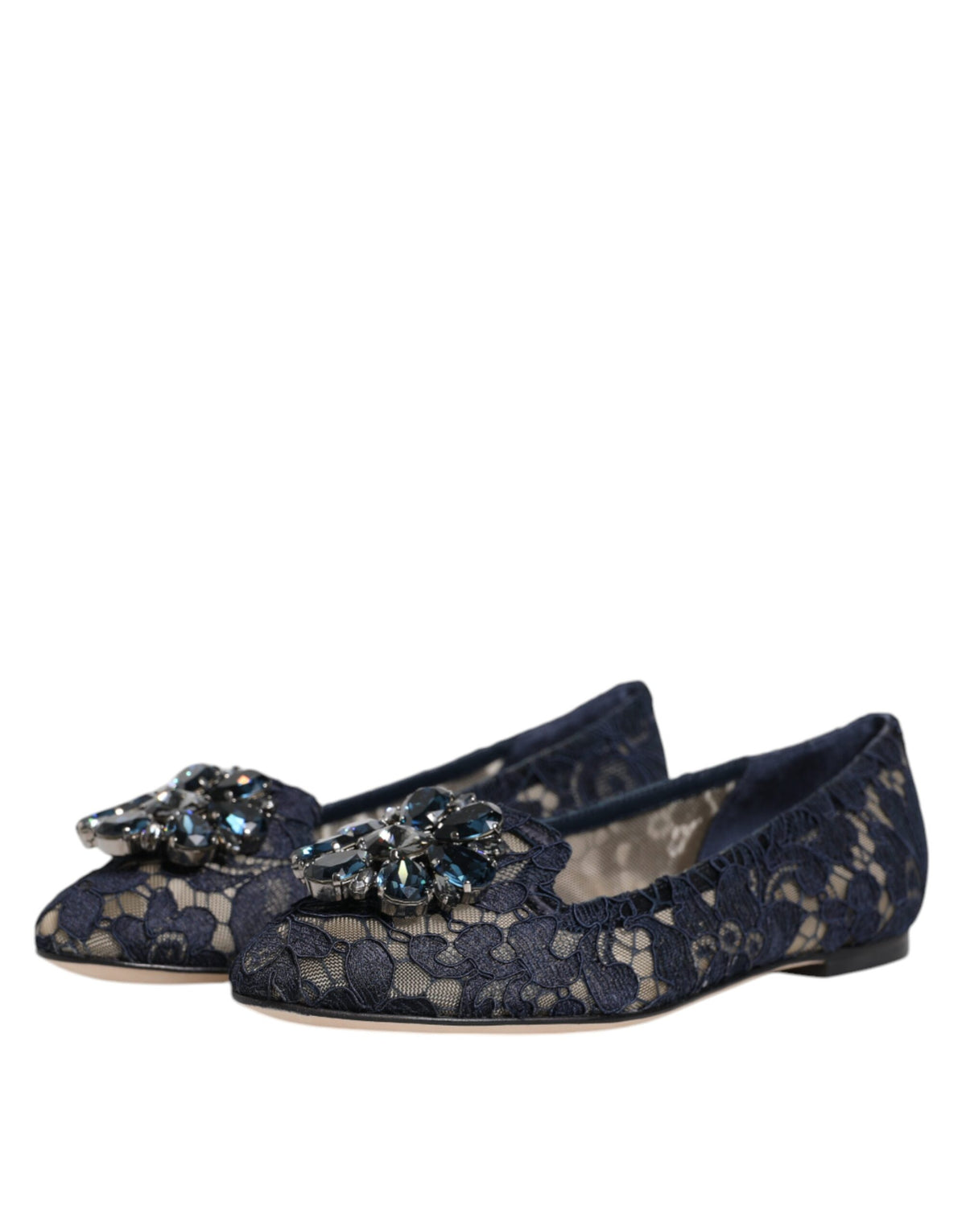 Dolce & Gabbana Blue Taormina Lace Crystals Flats Shoes - Eljoys Fashion 