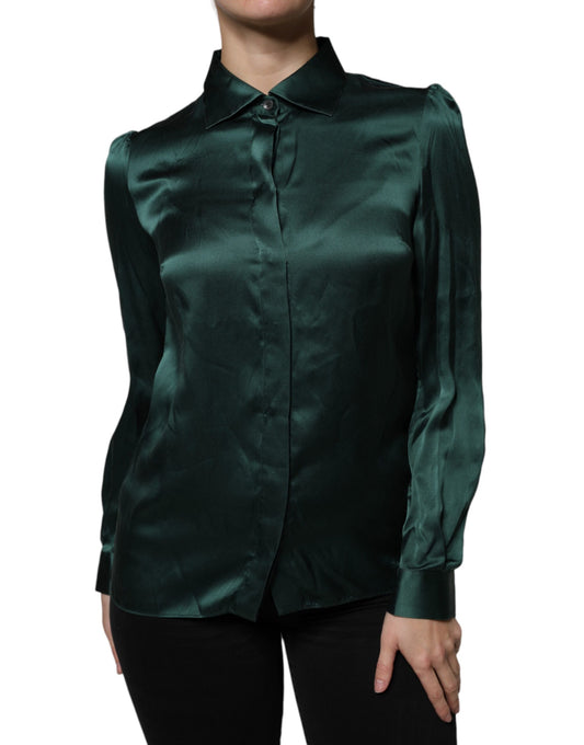 Dolce & Gabbana Dark Green Silk Button Down Long Sleeves Blouse Top Dolce & Gabbana