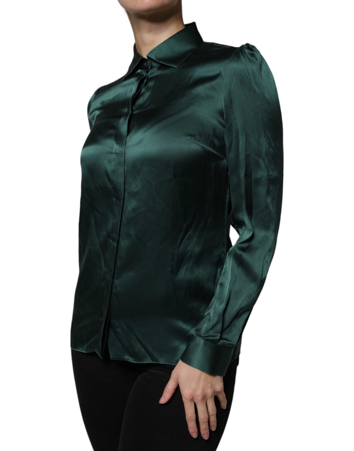 Dolce & Gabbana Dark Green Silk Button Down Long Sleeves Blouse Top Dolce & Gabbana
