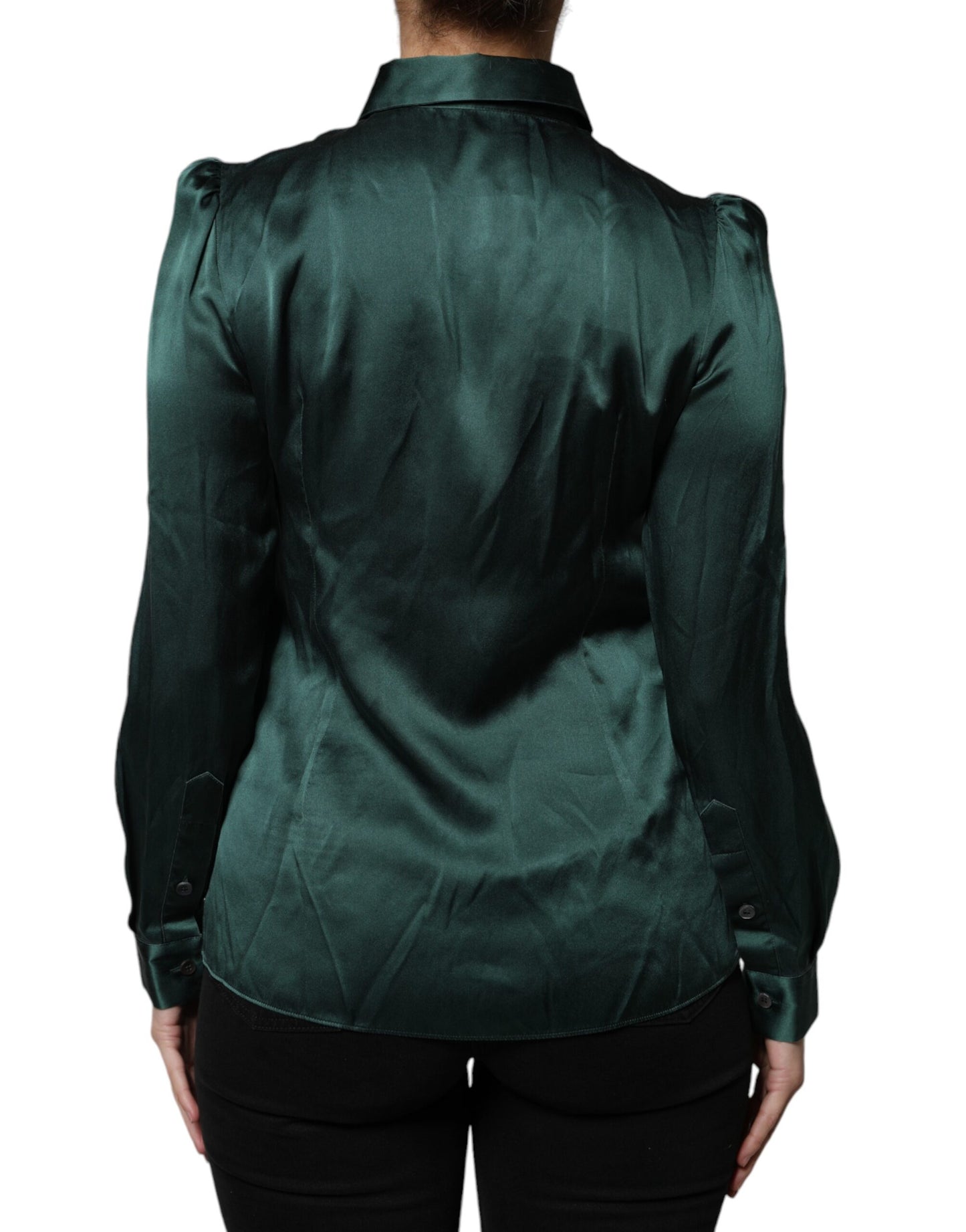 Dolce & Gabbana Dark Green Silk Button Down Long Sleeves Blouse Top Dolce & Gabbana