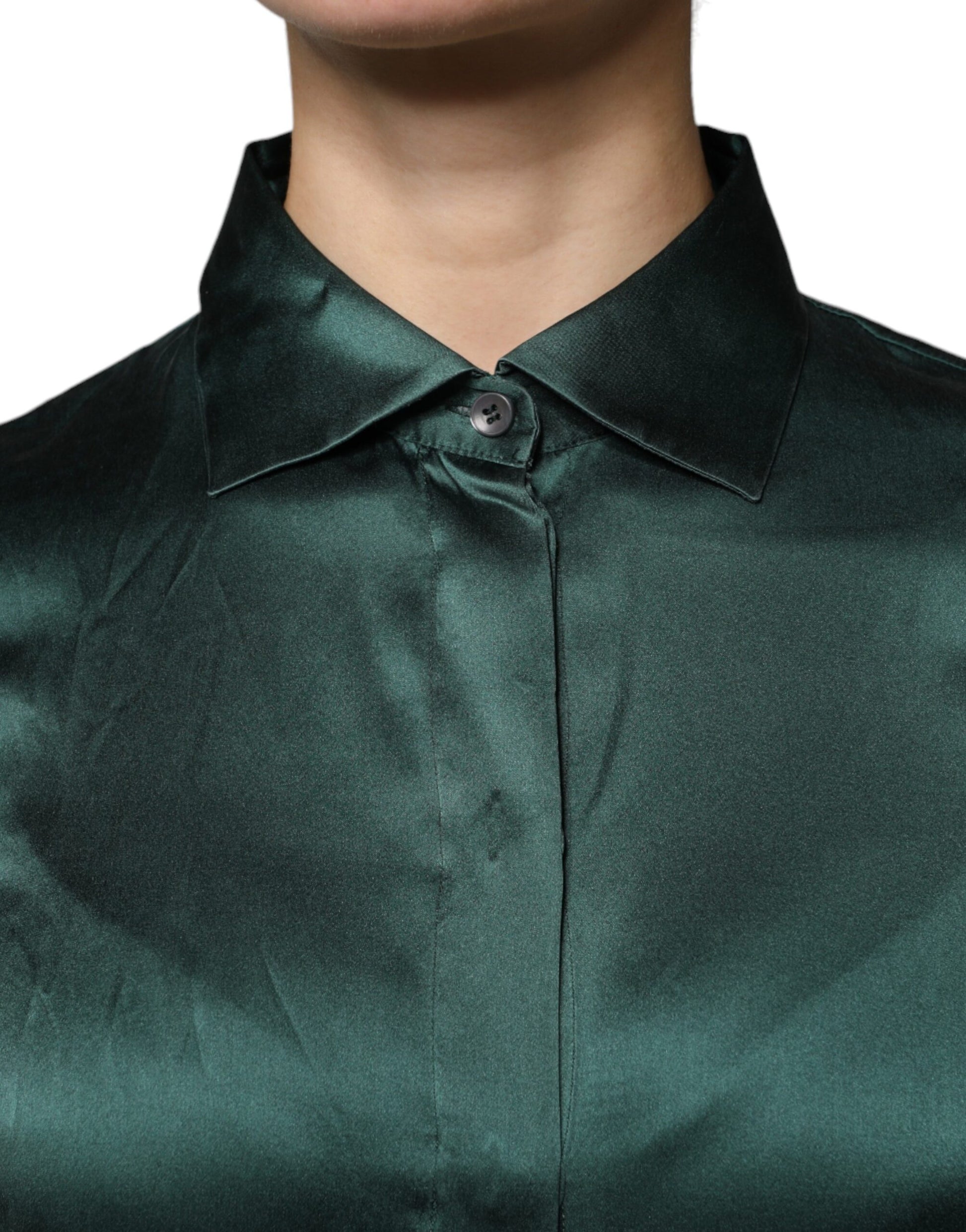 Dolce & Gabbana Dark Green Silk Button Down Long Sleeves Blouse Top Dolce & Gabbana
