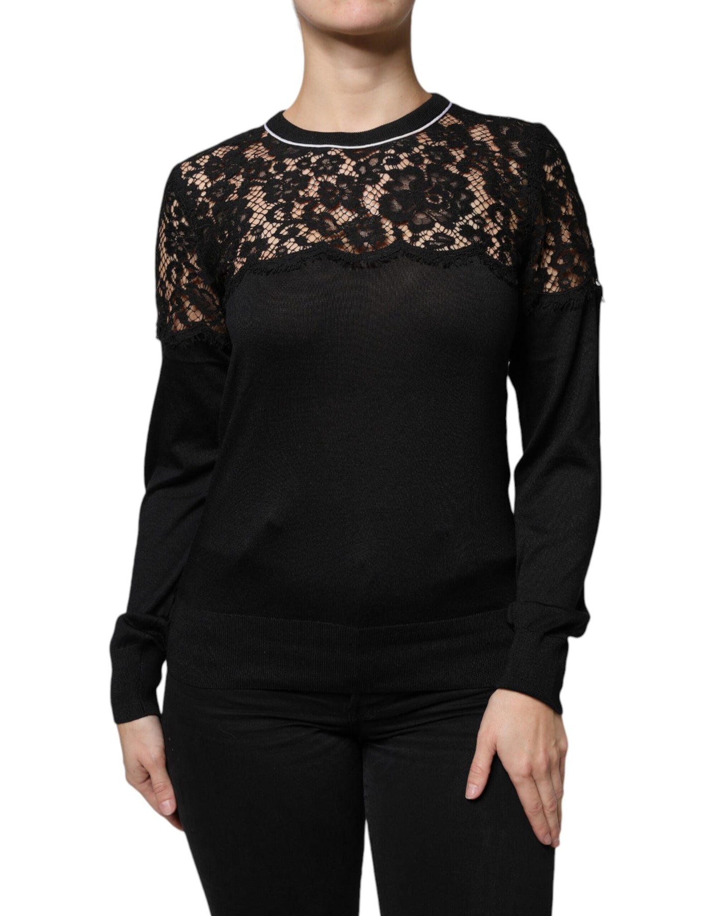 Dolce & Gabbana Black Floral Lace Silk Pullover Blouse Top Dolce & Gabbana