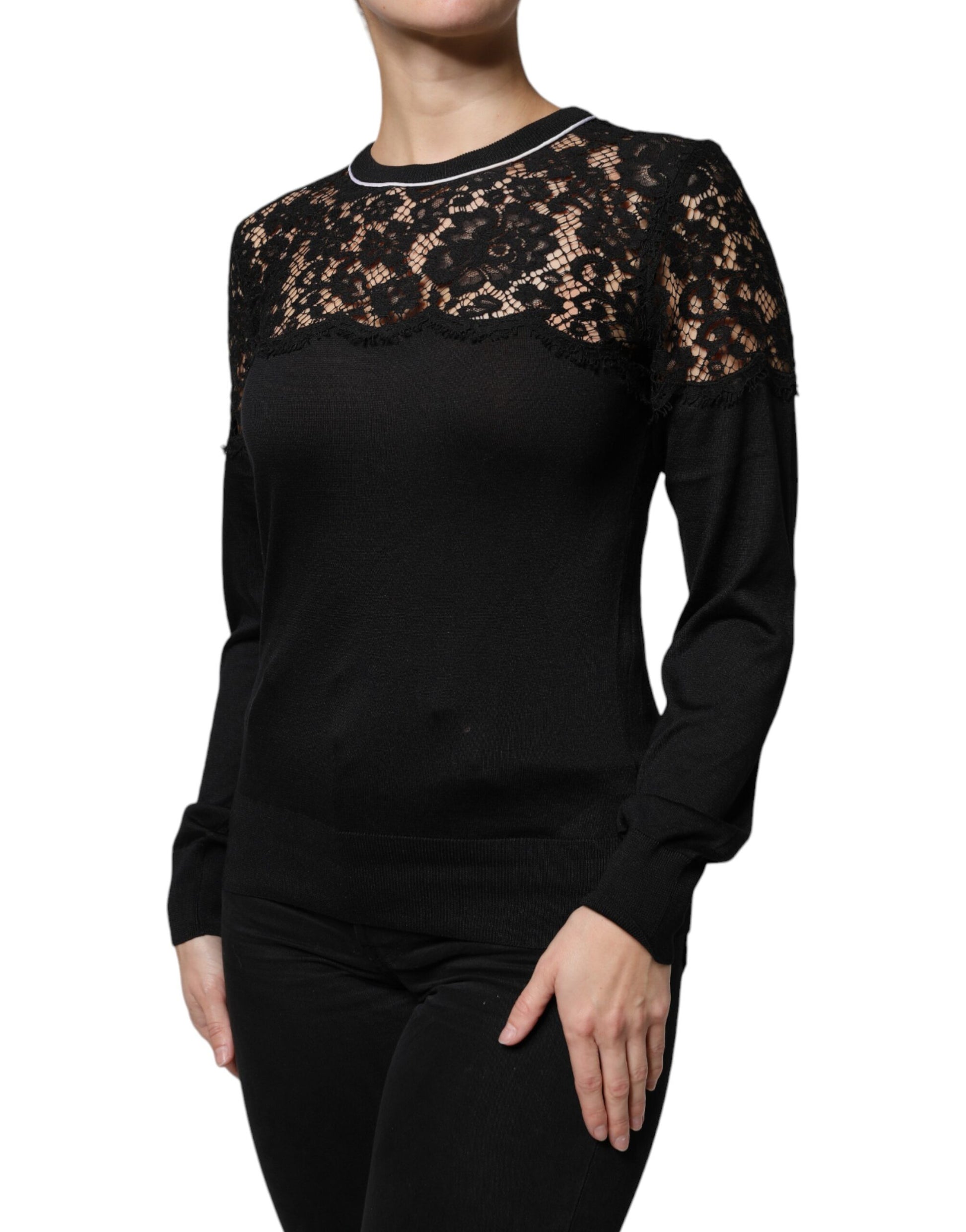 Dolce & Gabbana Black Floral Lace Silk Pullover Blouse Top Dolce & Gabbana