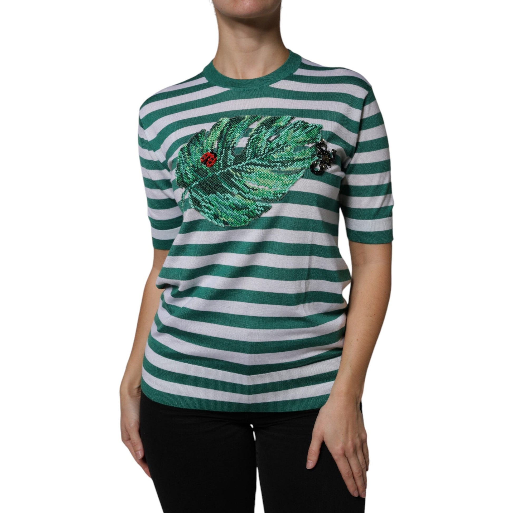 Dolce & Gabbana White Green Stripe Leaf Crew Neck T-shirt Dolce & Gabbana