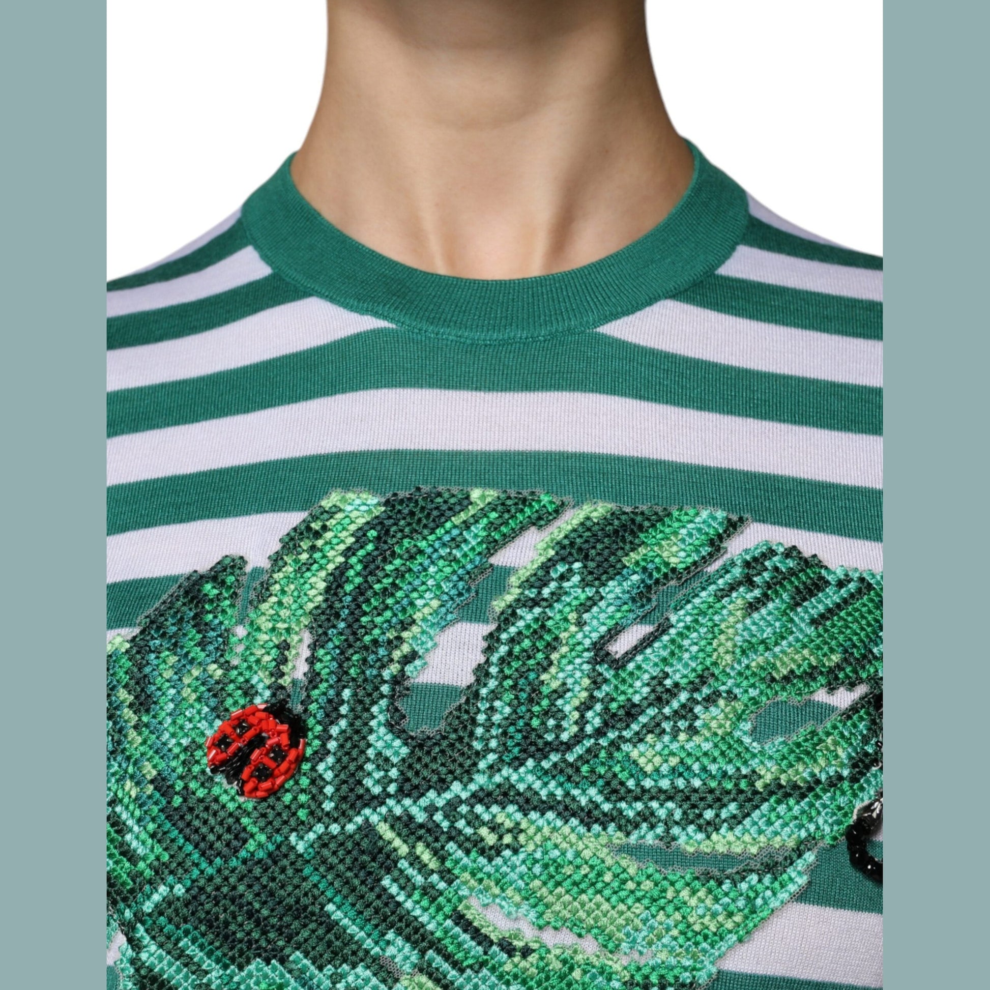 Dolce & Gabbana White Green Stripe Leaf Crew Neck T-shirt Dolce & Gabbana