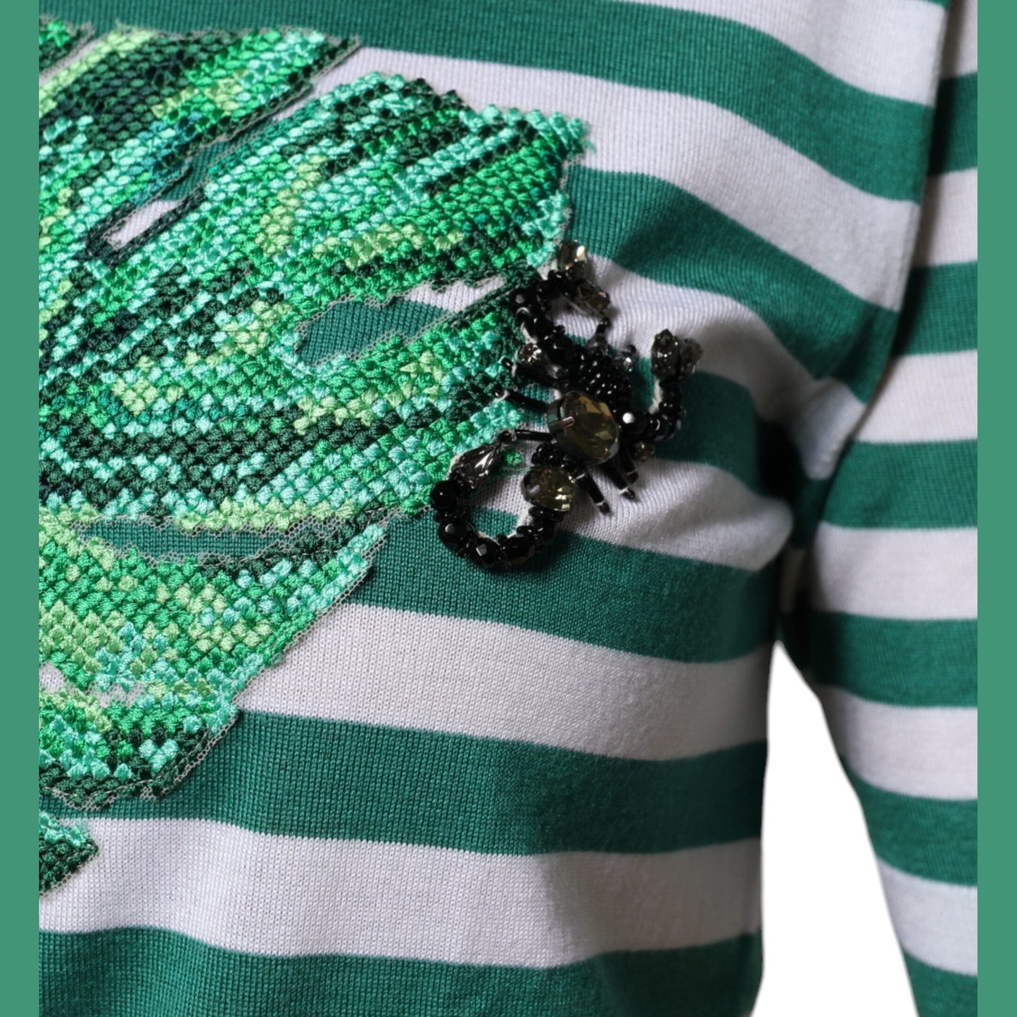 Dolce & Gabbana White Green Stripe Leaf Crew Neck T-shirt Dolce & Gabbana