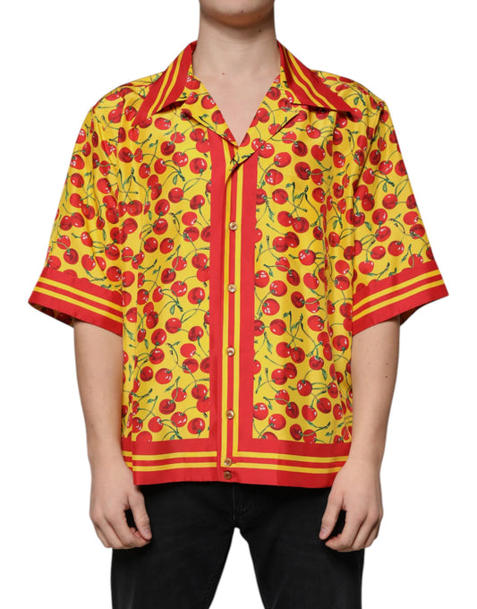 Dolce & Gabbana Yellow Cherry Button Down Silk Casual Shirt Dolce & Gabbana