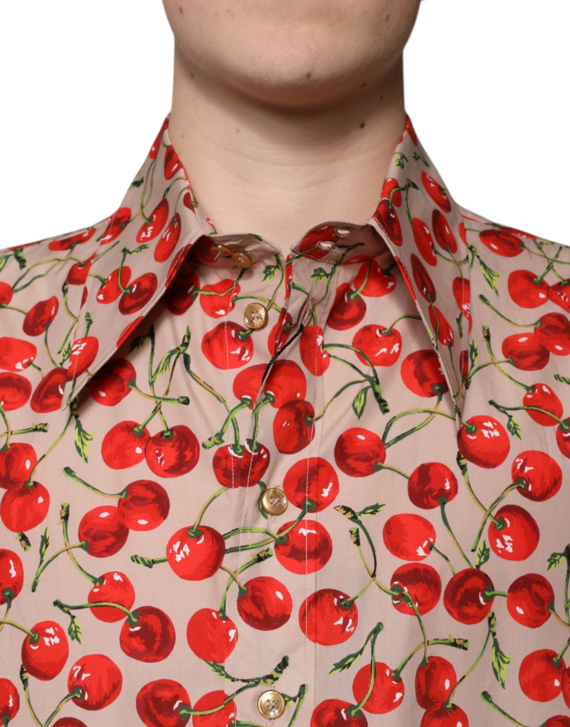 Dolce & Gabbana Beige Cherry Button Down Men Casual Shirt Dolce & Gabbana