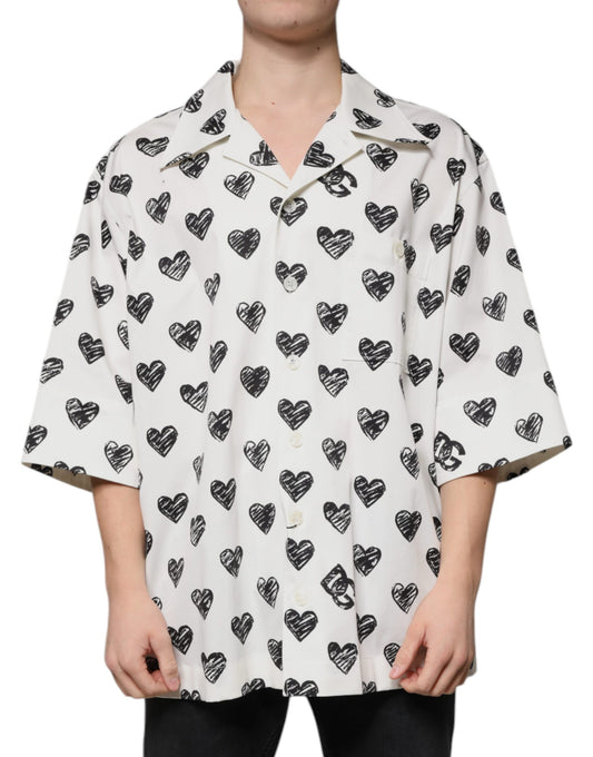 Dolce & Gabbana White Heart Print Short Sleeve Casual Shirt Dolce & Gabbana