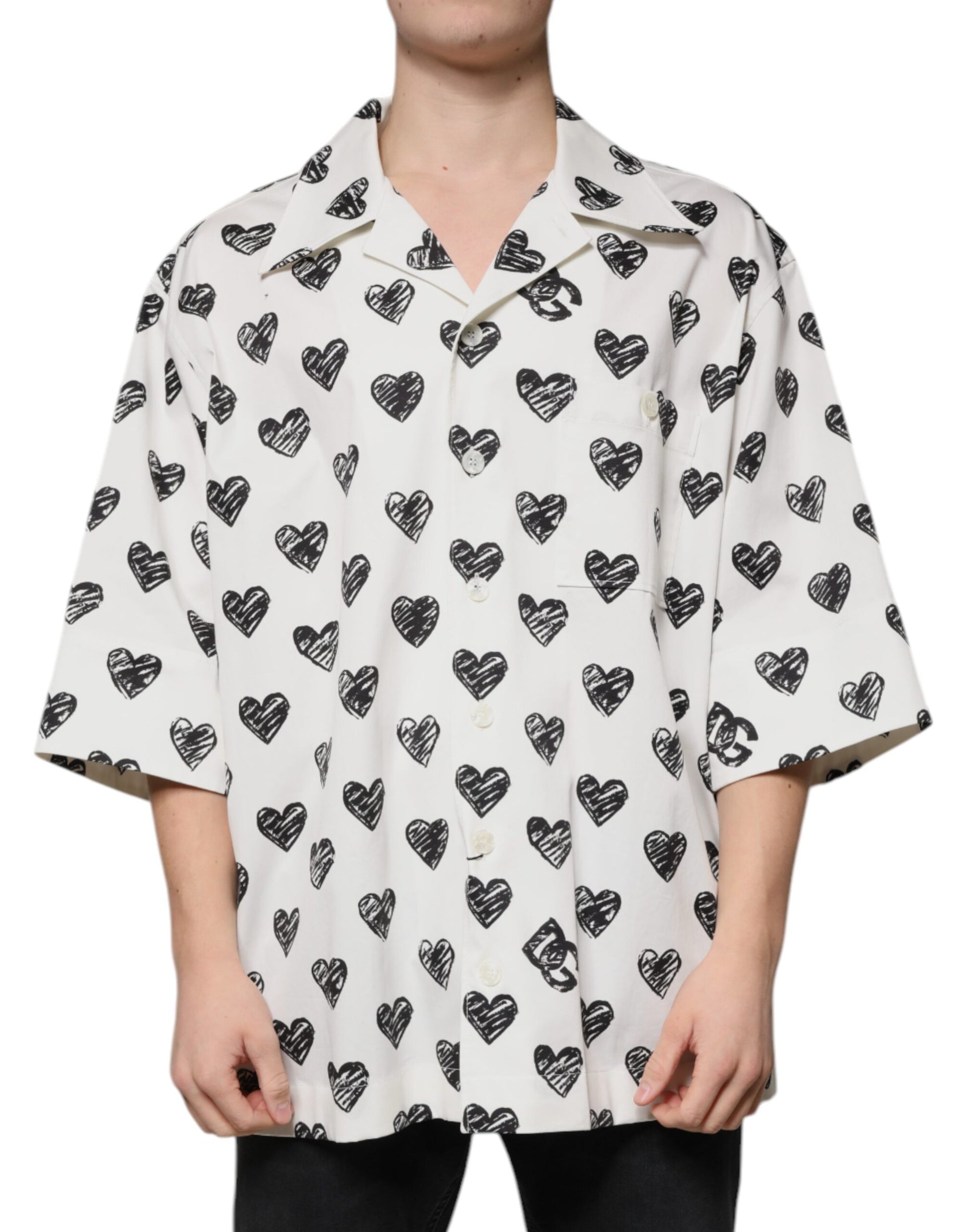 Dolce & Gabbana White Heart Print Short Sleeve Casual Shirt Dolce & Gabbana