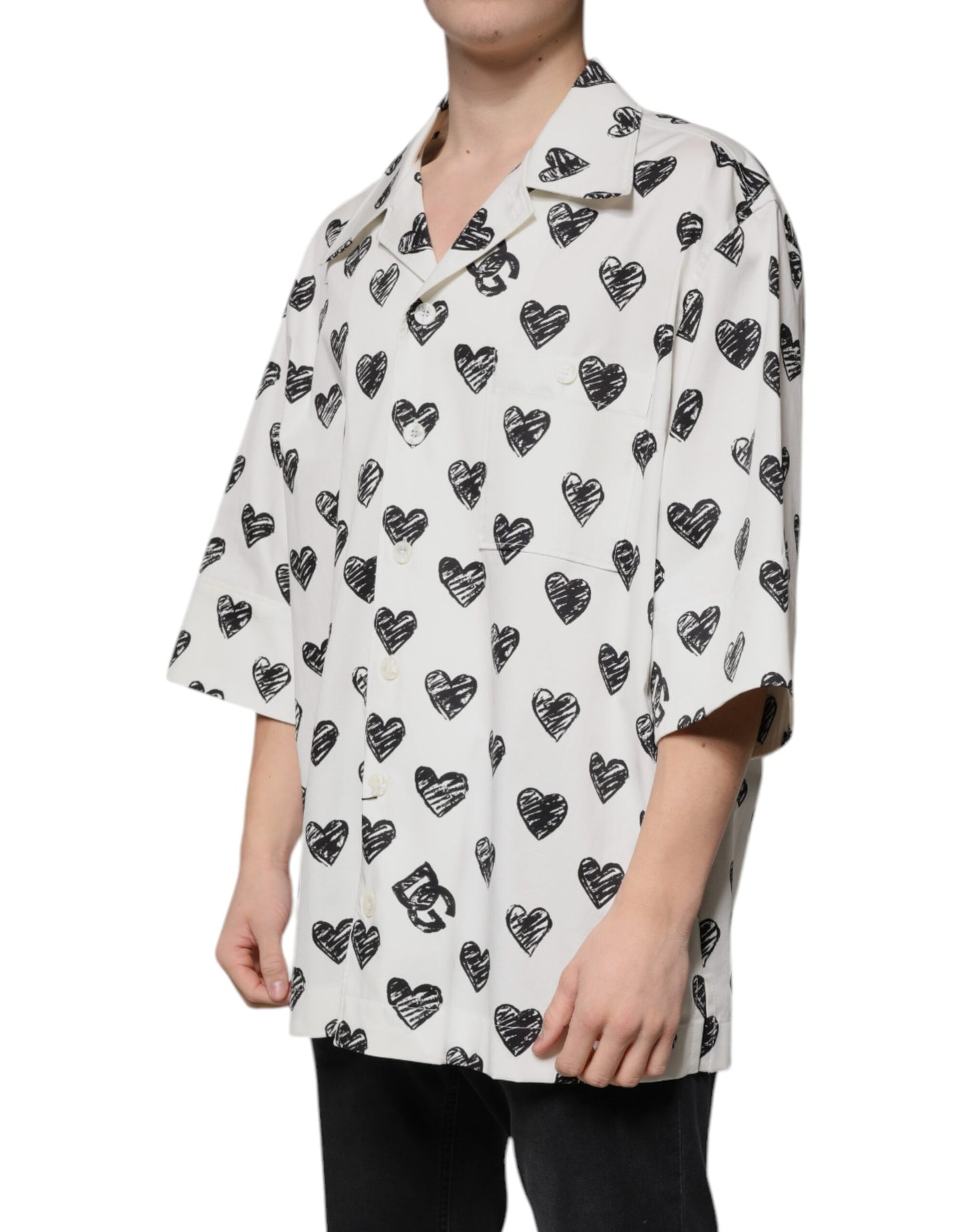 Dolce & Gabbana White Heart Print Short Sleeve Casual Shirt Dolce & Gabbana