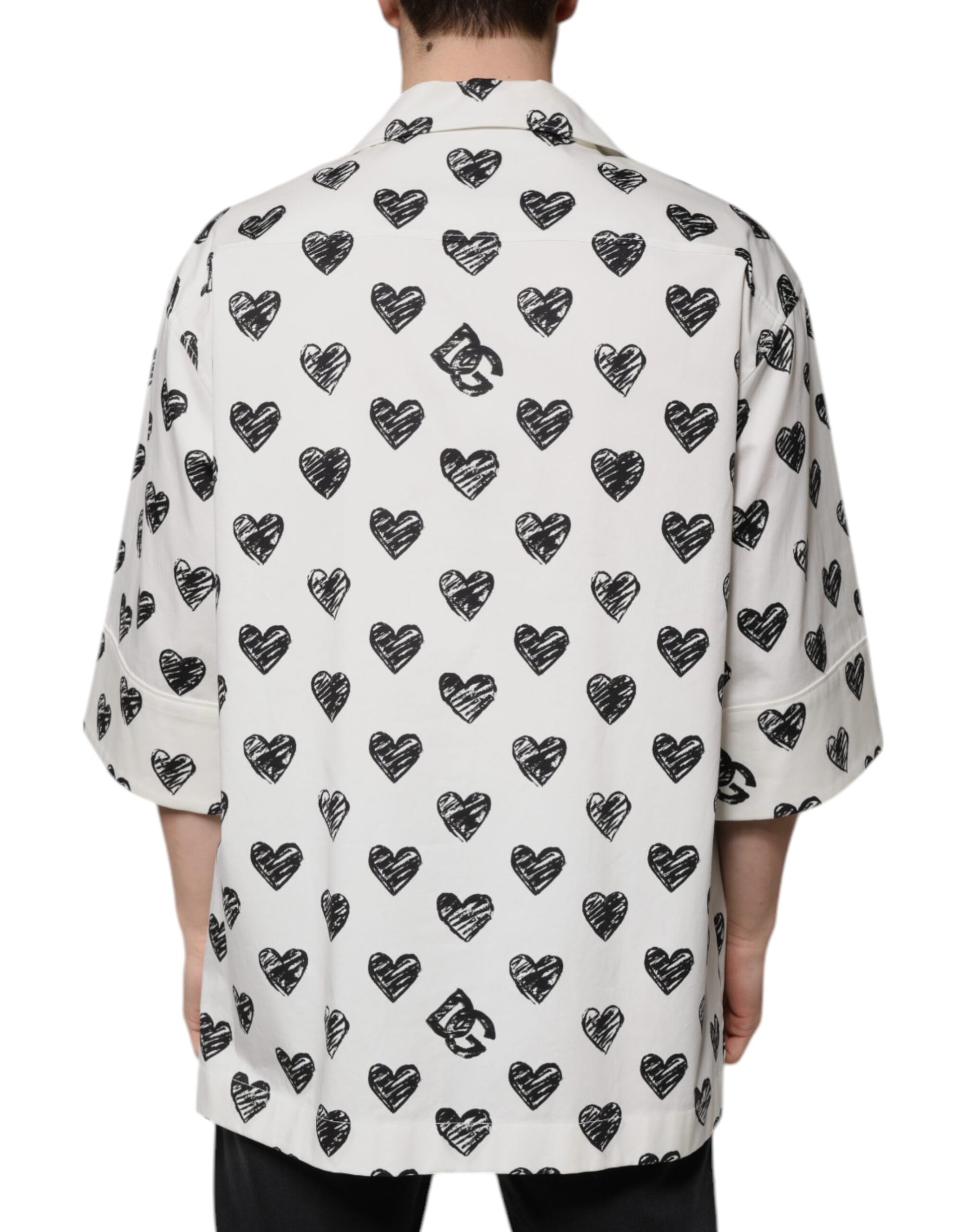 Dolce & Gabbana White Heart Print Short Sleeve Casual Shirt Dolce & Gabbana
