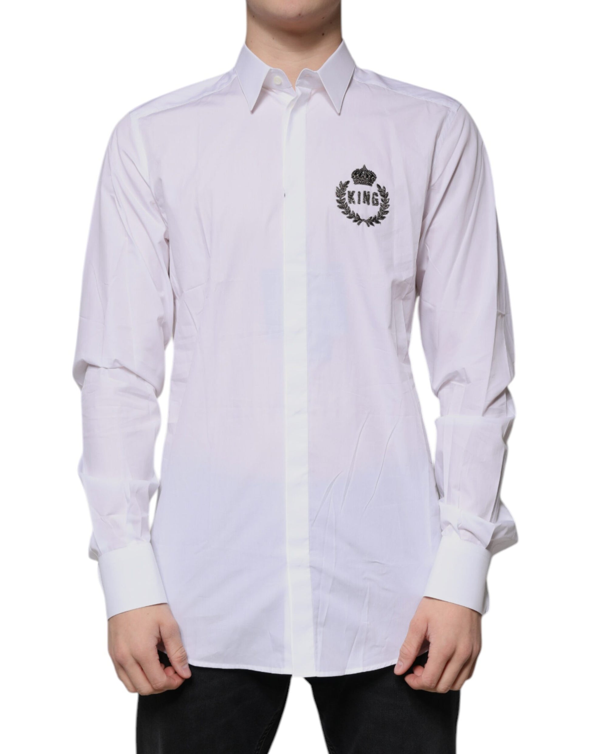 Dolce & Gabbana White Cotton Logo Formal Men GOLD Dress Shirt Dolce & Gabbana