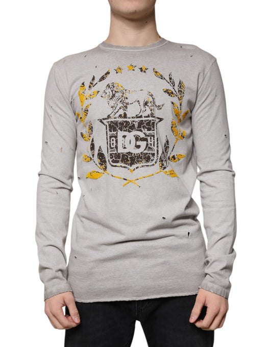 Dolce & Gabbana Gray Printed Cotton Crewneck Pullover Sweater Dolce & Gabbana