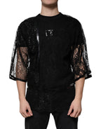 Dolce & Gabbana Black Nylon Floral Lace Crew Neck T-shirt - Eljoys Fashion 