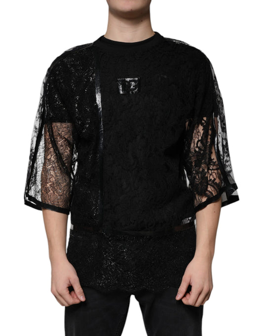 Dolce & Gabbana Black Nylon Floral Lace Crew Neck T-shirt Dolce & Gabbana