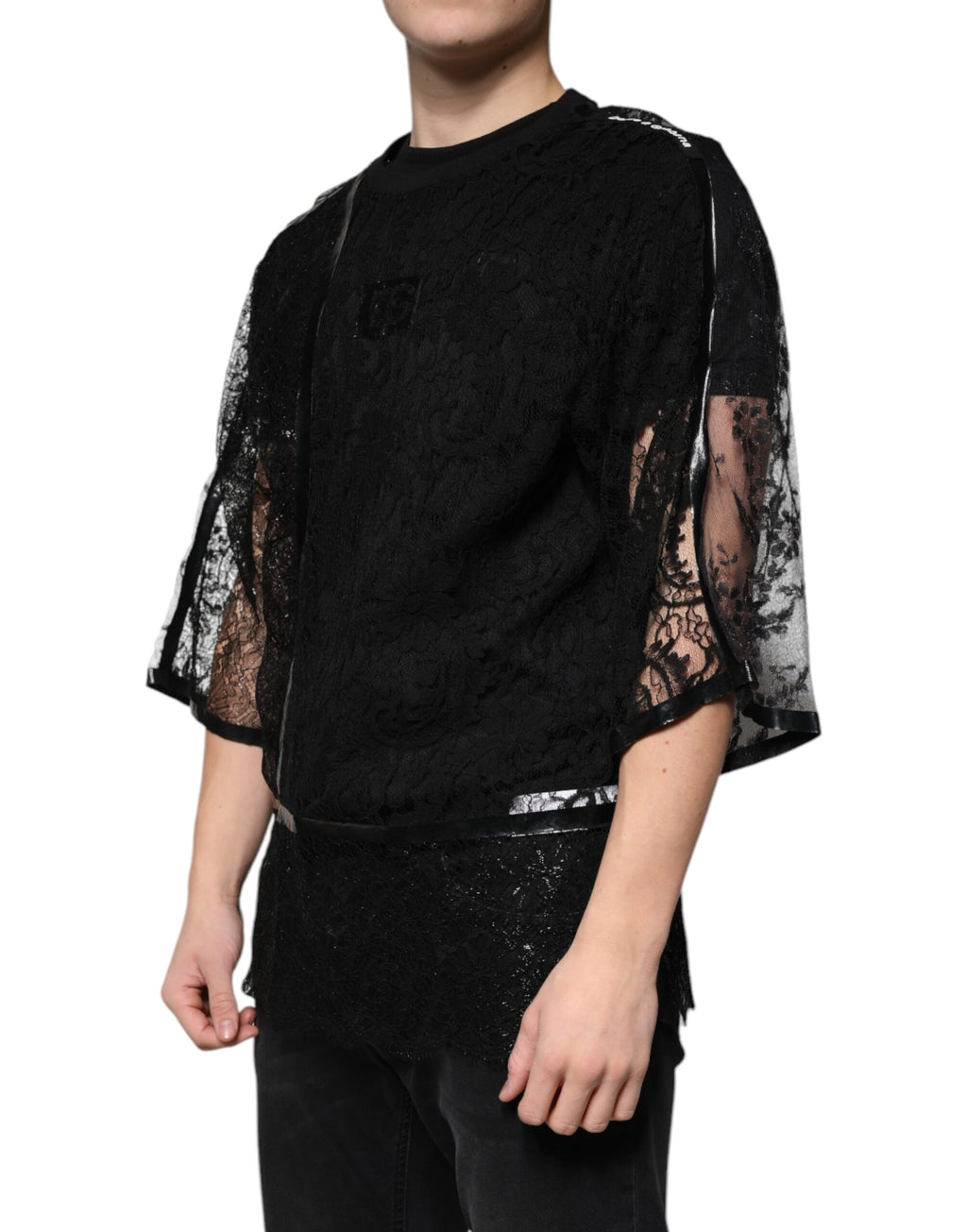 Dolce & Gabbana Black Nylon Floral Lace Crew Neck T-shirt - Eljoys Fashion 