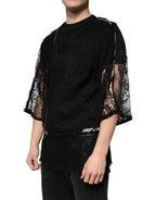 Dolce & Gabbana Black Nylon Floral Lace Crew Neck T-shirt - Eljoys Fashion 