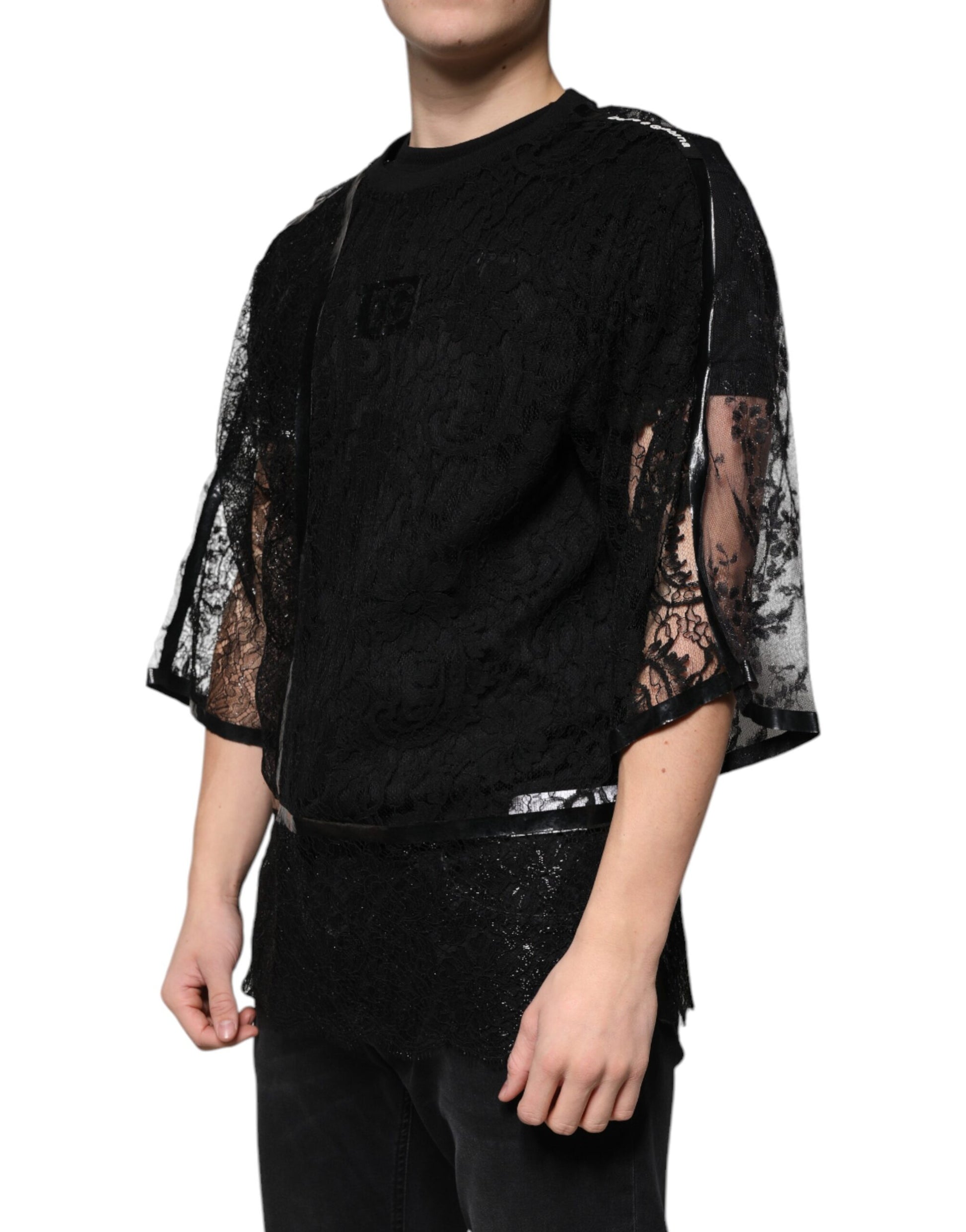 Dolce & Gabbana Black Nylon Floral Lace Crew Neck T-shirt Dolce & Gabbana