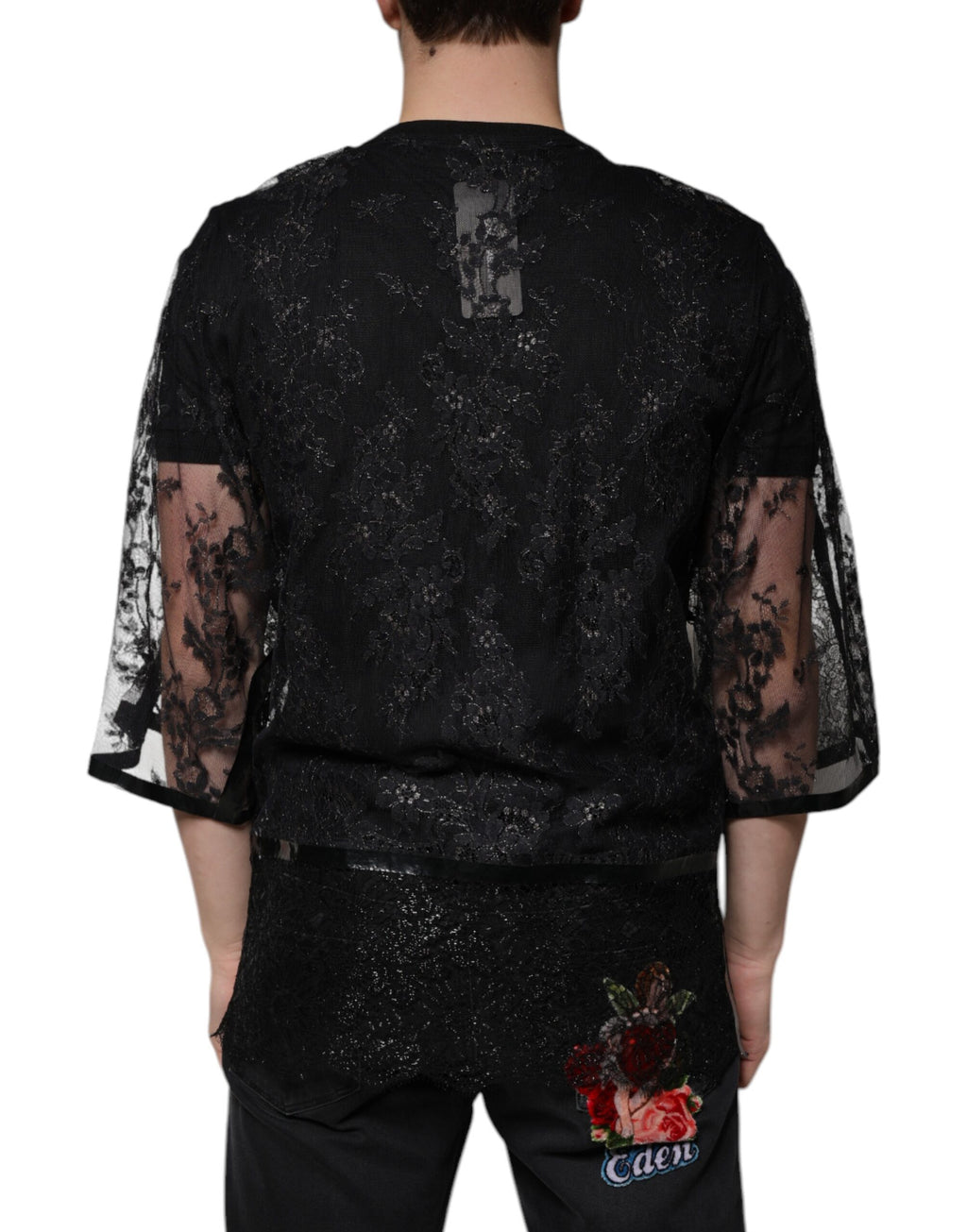 Dolce & Gabbana Black Nylon Floral Lace Crew Neck T-shirt - Eljoys Fashion 