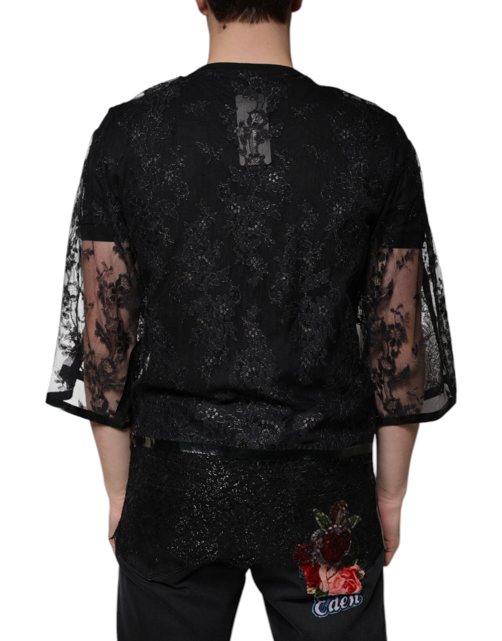 Dolce & Gabbana Black Nylon Floral Lace Crew Neck T-shirt Dolce & Gabbana