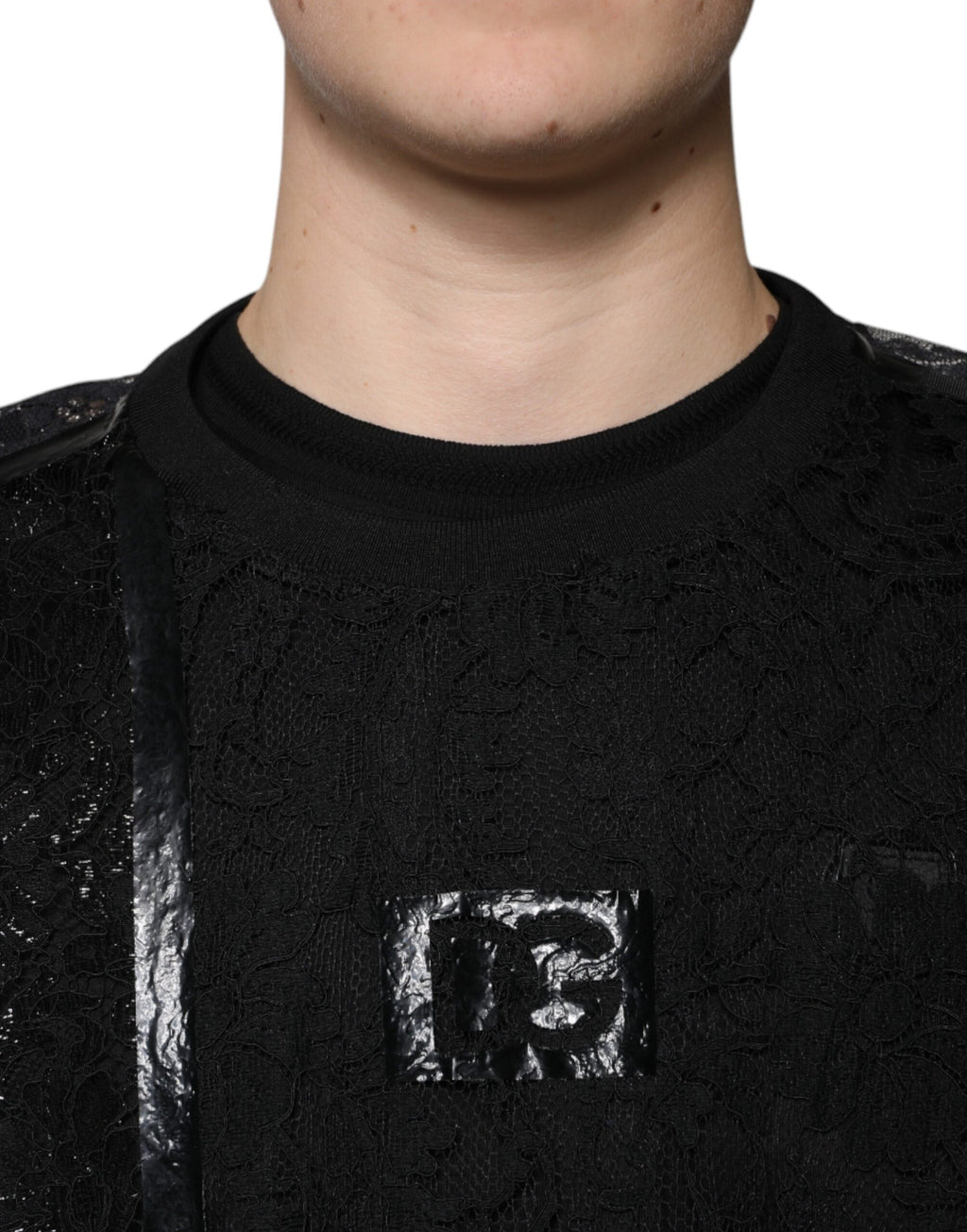 Dolce & Gabbana Black Nylon Floral Lace Crew Neck T-shirt - Eljoys Fashion 