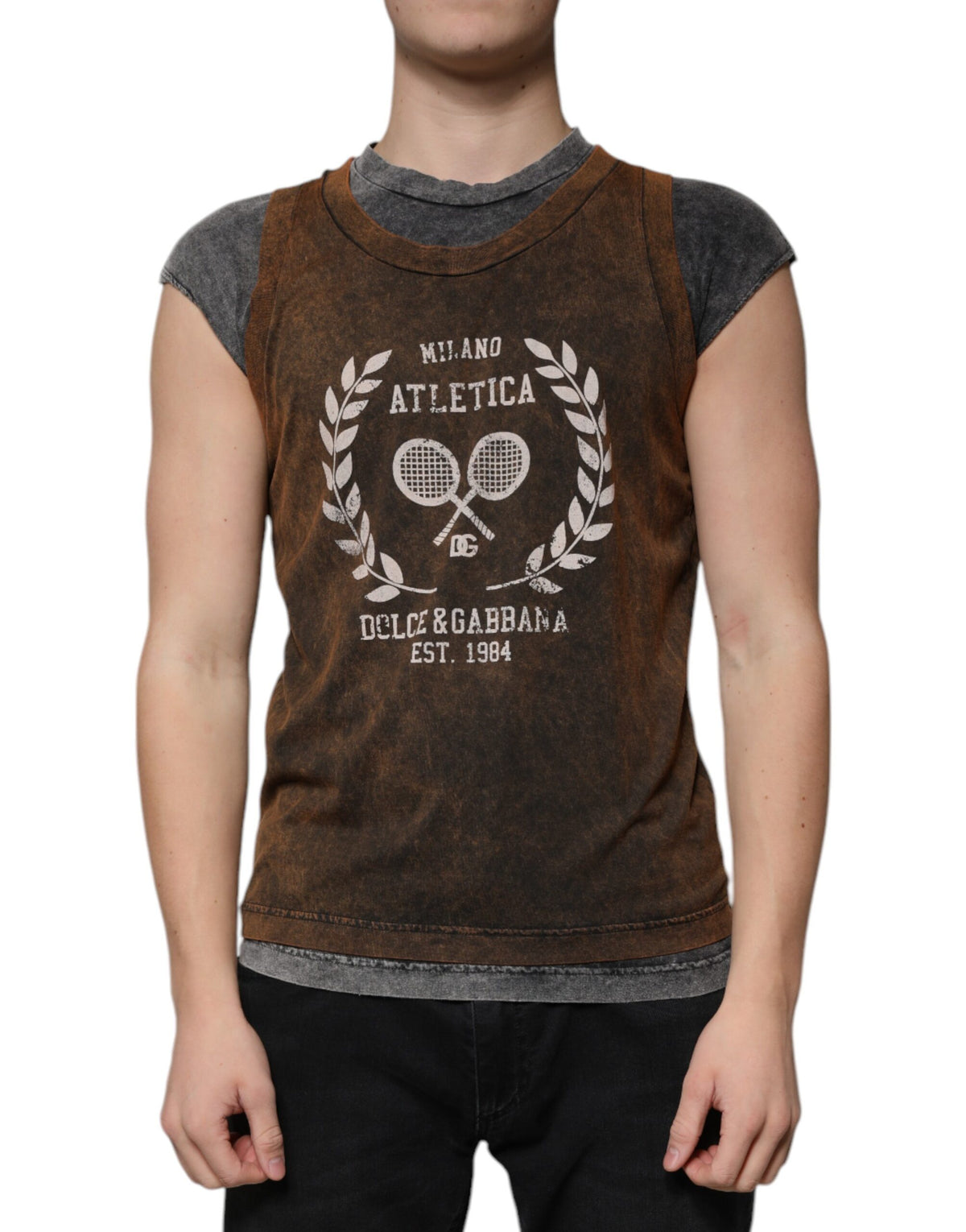 Dolce & Gabbana Brown Cotton Crew Neck Sleeveless T-shirt - Eljoys Fashion 