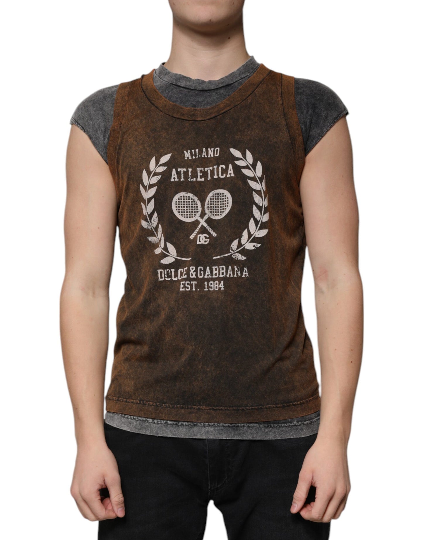 Dolce & Gabbana Brown Cotton Crew Neck Sleeveless T-shirt Dolce & Gabbana