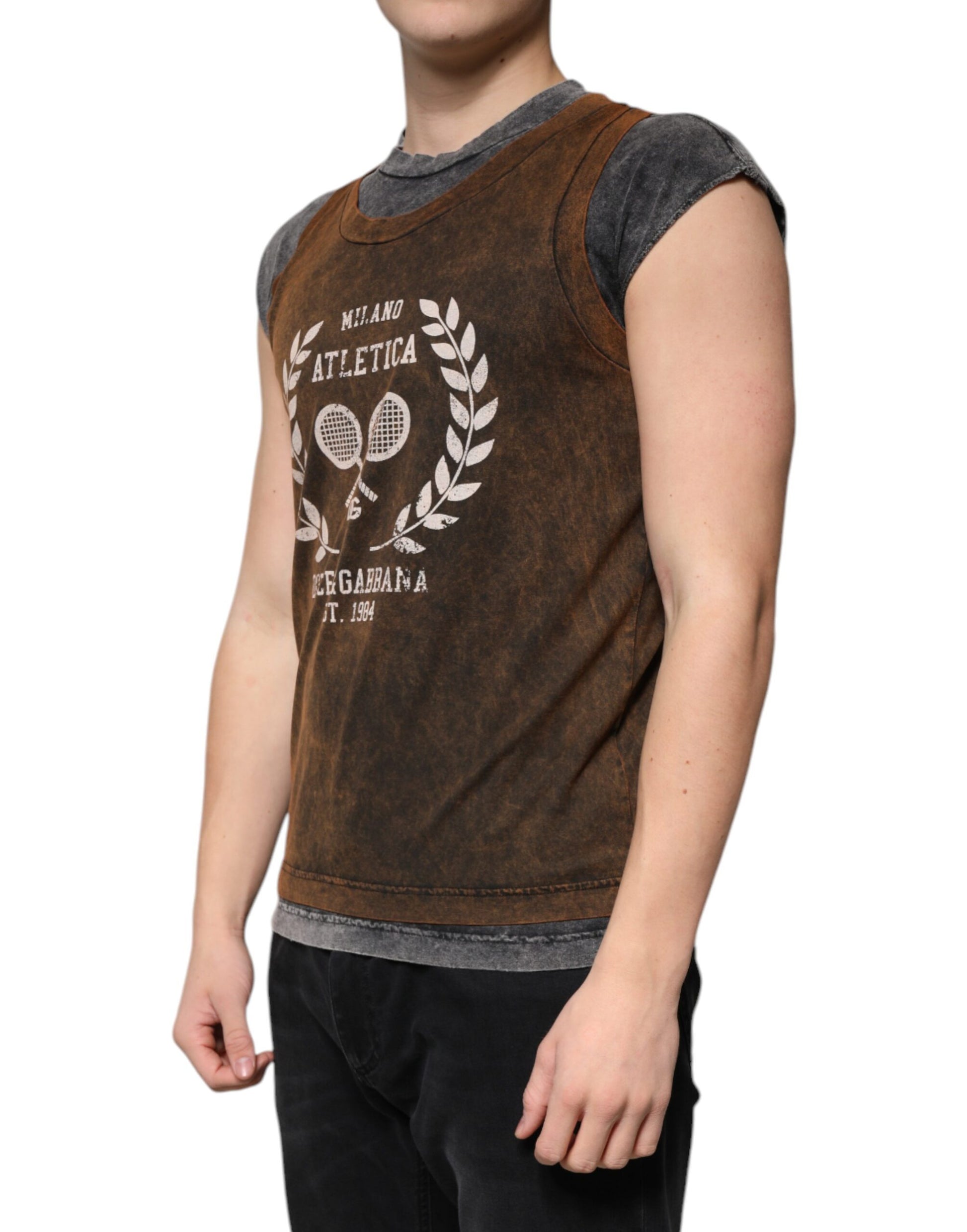 Dolce & Gabbana Brown Cotton Crew Neck Sleeveless T-shirt Dolce & Gabbana