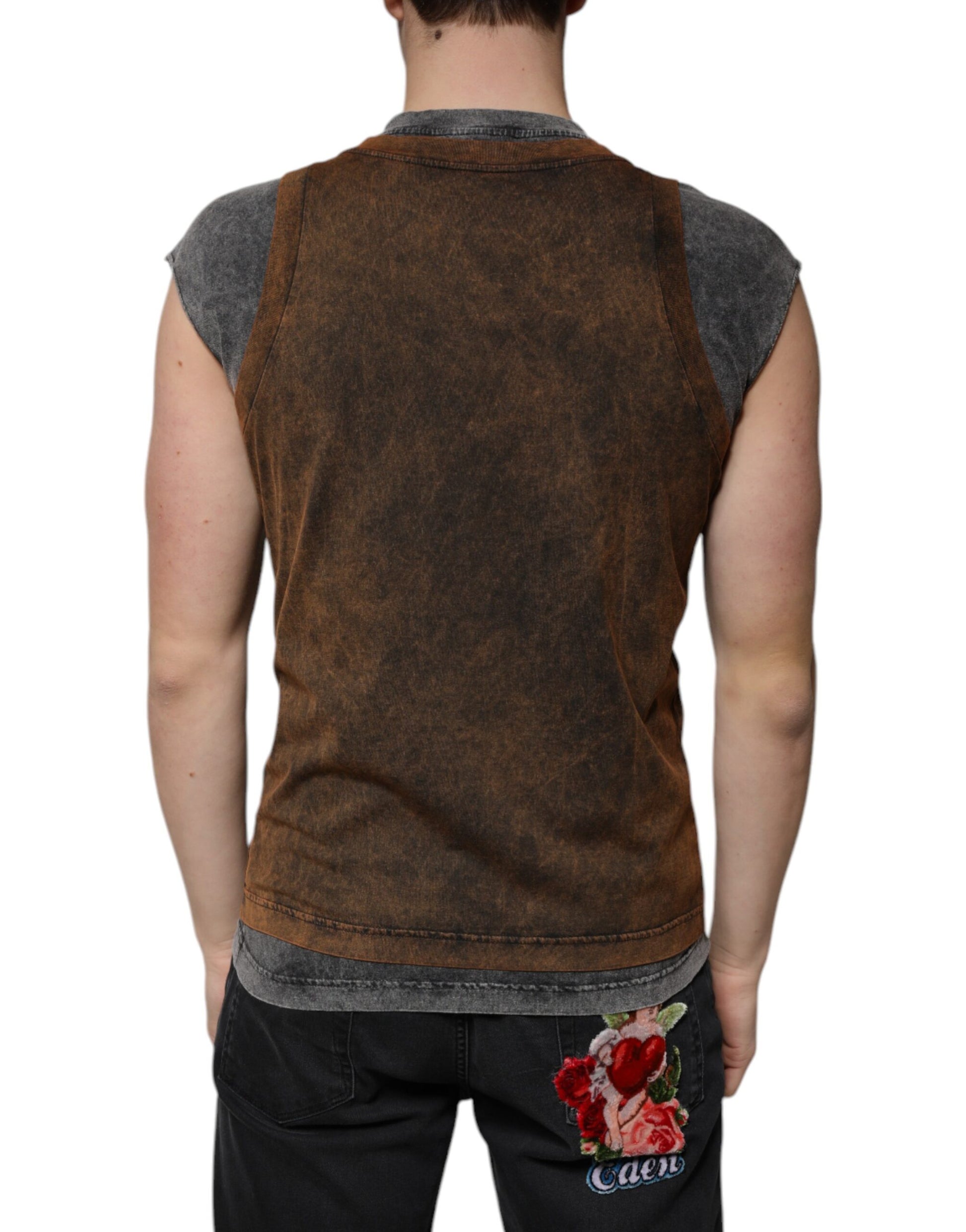 Dolce & Gabbana Brown Cotton Crew Neck Sleeveless T-shirt Dolce & Gabbana